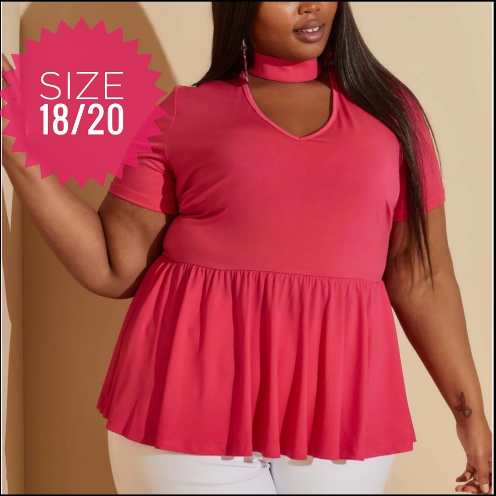 Plus ASHLEY STEWART Bright Pink Cutout Peplum Knit Top 18/20